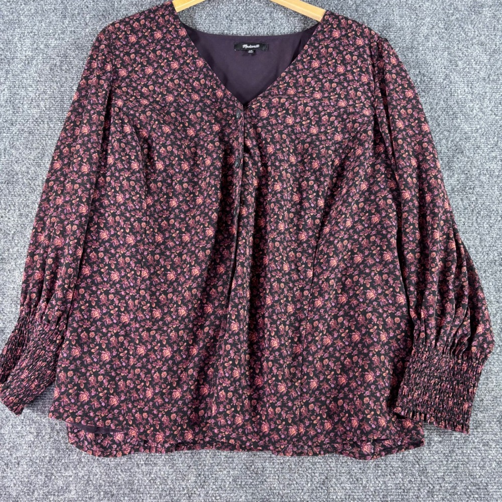 Madewell Blouse Women 16W Purple Floral Button Front Smocked Cuff Boho Top